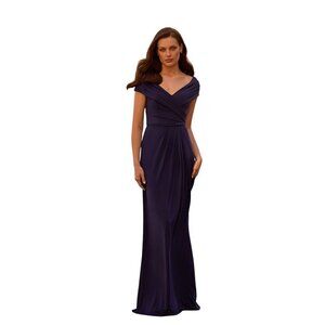 La Femme Ruched Off The Shoulder Jersey Column Gown Navy Blue Womens Size 16